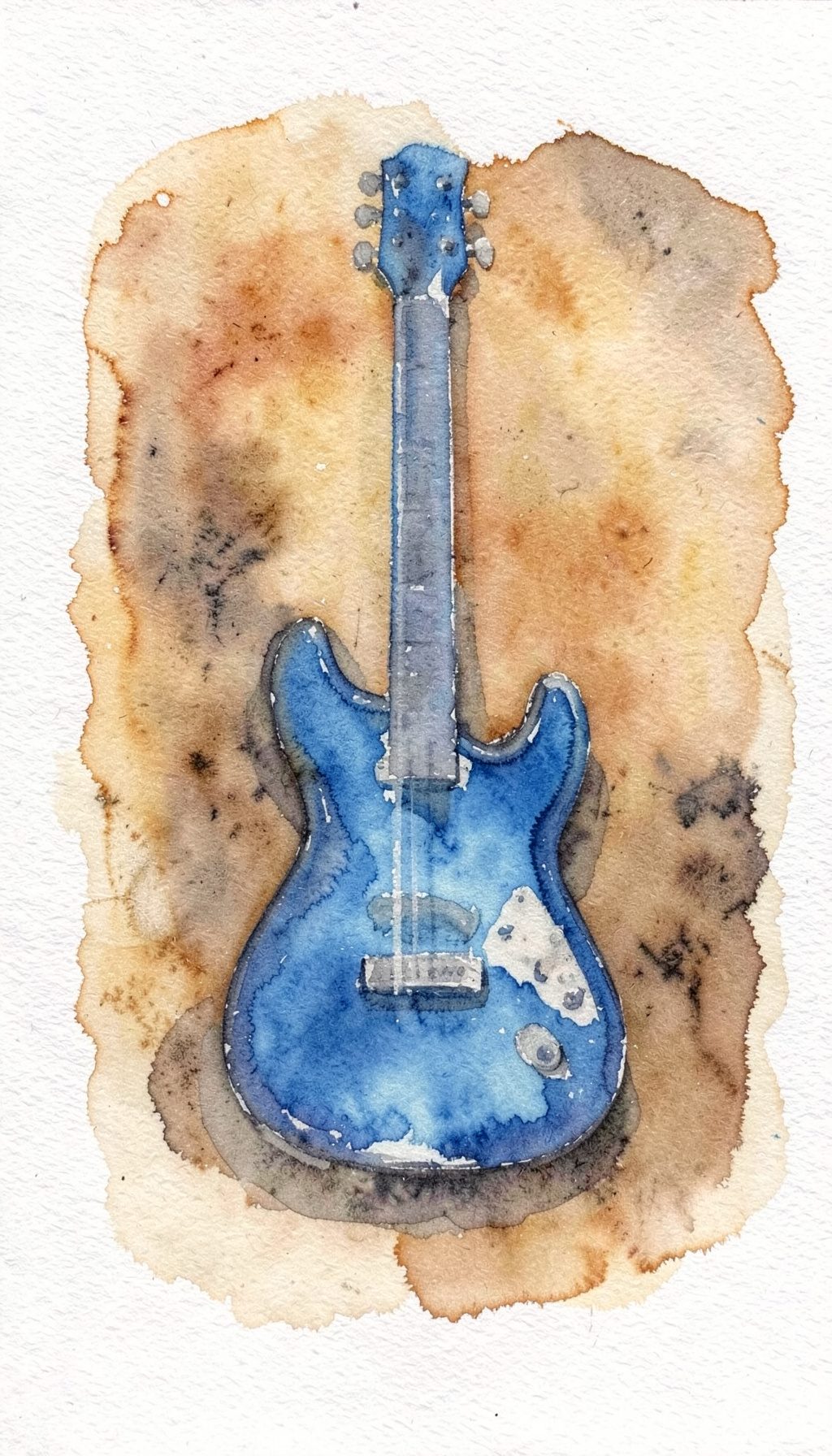 A soft watercolour painting of a book cover featuring a stylized electric guitar silhouette against a warm amber and charcoal background, with muted cream accents.