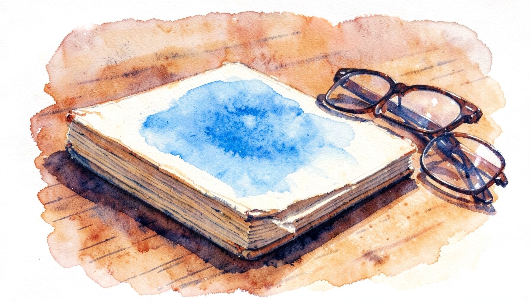 A soft watercolour painting of a worn paperback book resting on a wooden table beside a pair of reading glasses, warm amber and cream tones with deep navy shadows.