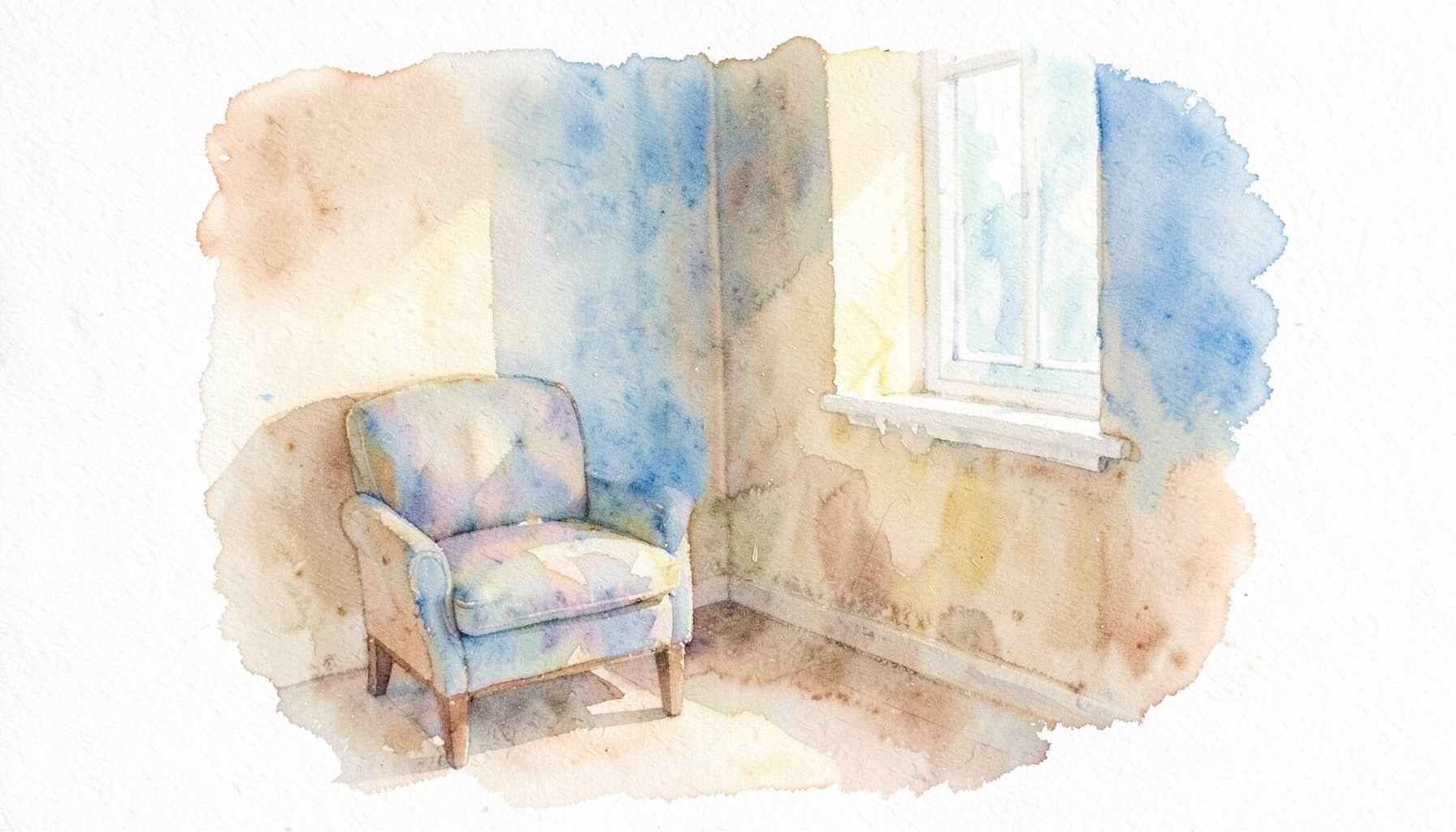 A soft watercolour painting of a calm, sunlit room with warm beige walls, a comfortable chair, and gentle light streaming through a window, conveying hope and quiet reflection.