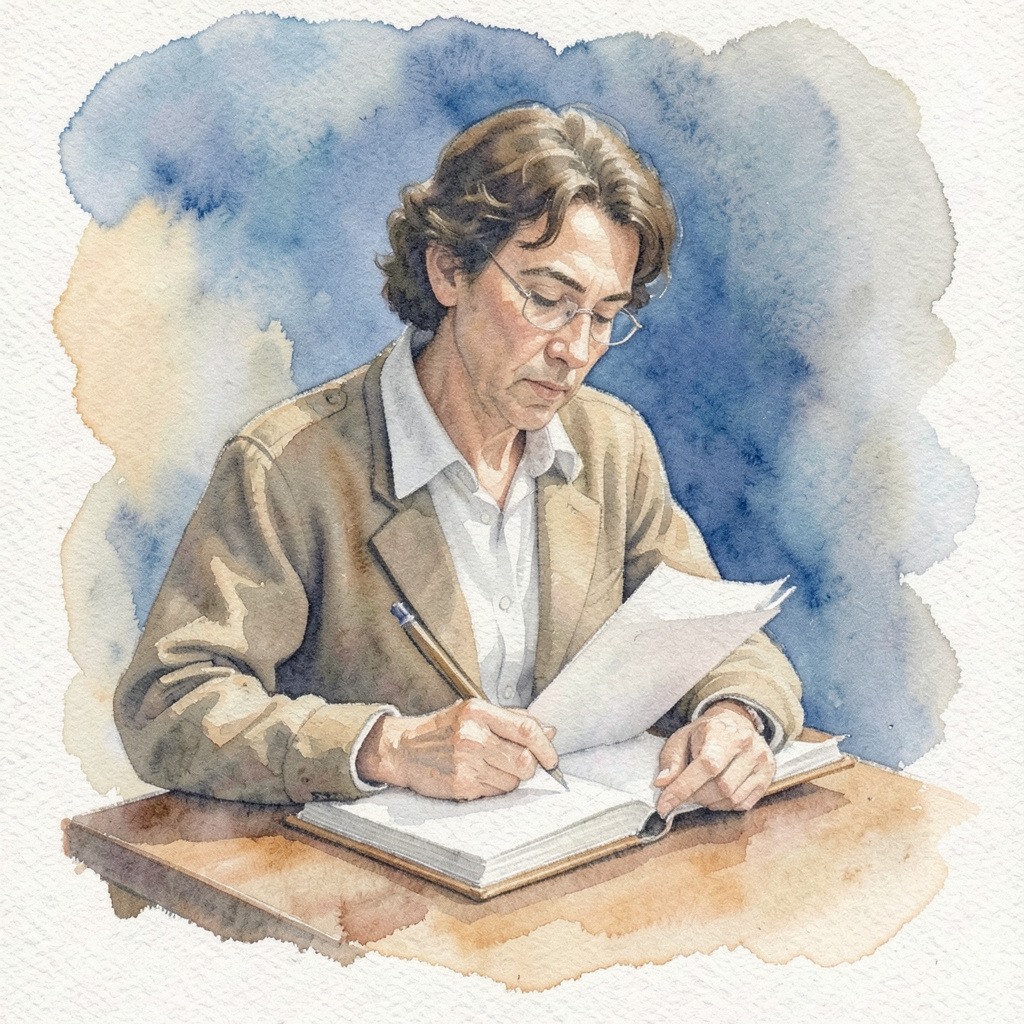 A soft watercolour portrait in muted earth tones suggesting a thoughtful writer in a quiet moment, warm ochre and slate blue